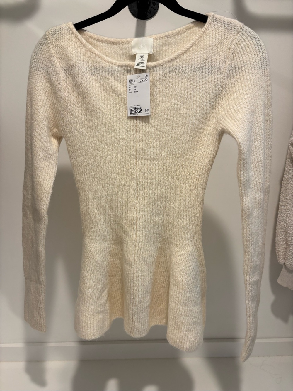 H&M Cream Ribbed Peplum Crew Neck Sweater
